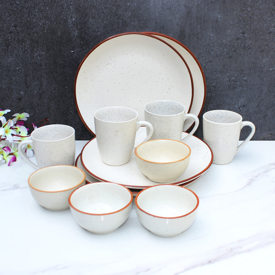 Ceramic 12 Pieces Dinner Set - 4 Full Plate 10 inch , 4 Serving Bowls 4 inch , 4 Mugs 4 inch| Colour Off - White Microwave Safe, Freezer Safe, Dishware Safe