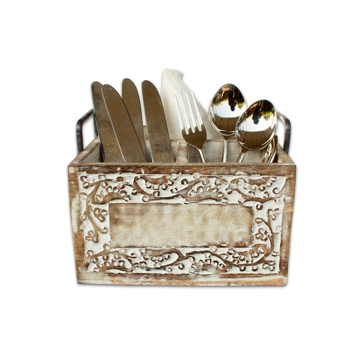 Trunkin' Wooden Sculpted Cutlery Holder / White Wash / 8"*8"*5"