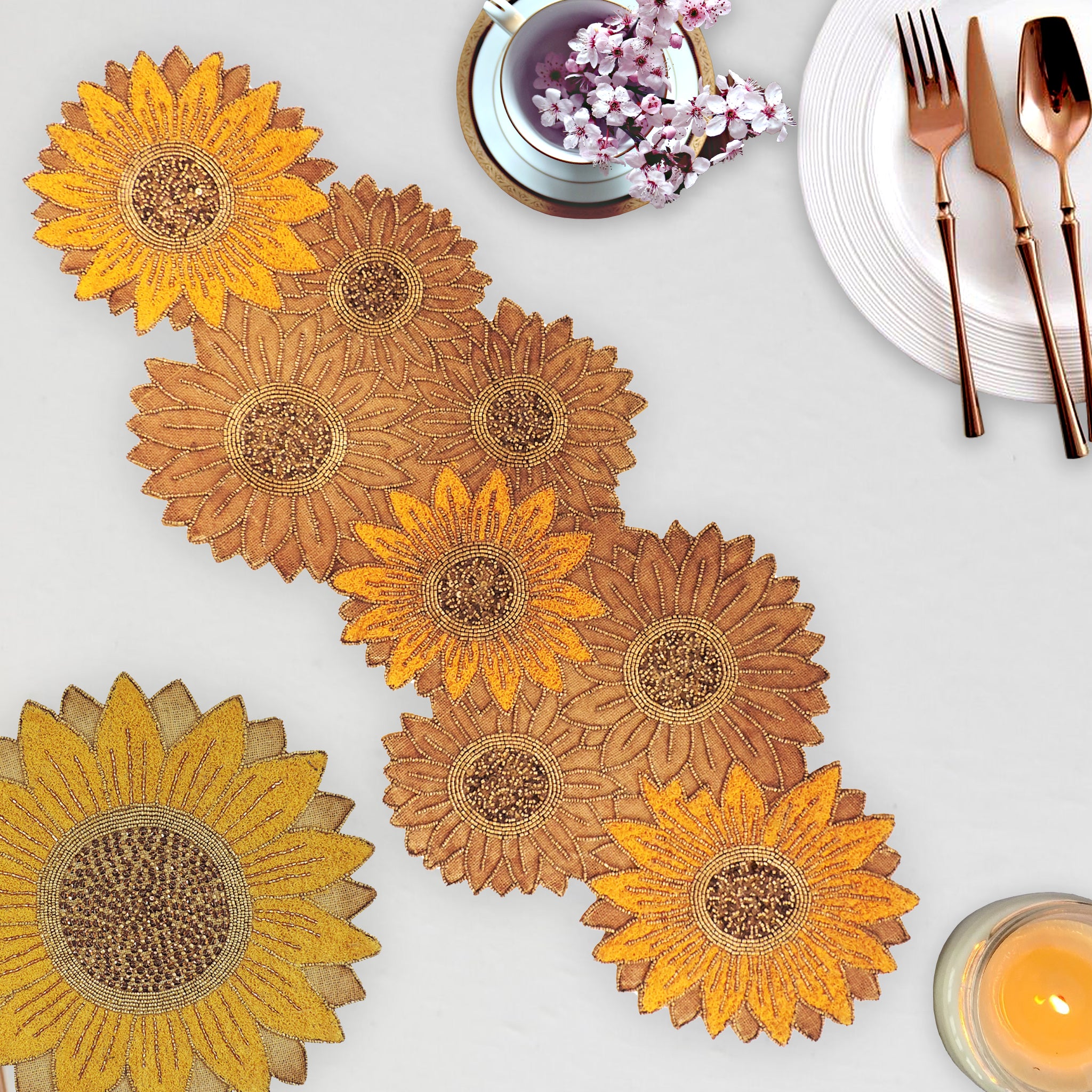 Multicolor Sunflower Glass Bead Embroidered Table Runner