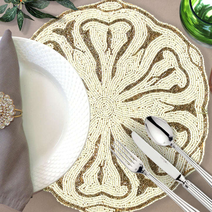Glass Bead Embroidered Placemats, Chargers / Set of 2 / 14in. Round / Cream & Gold - trunkin.in