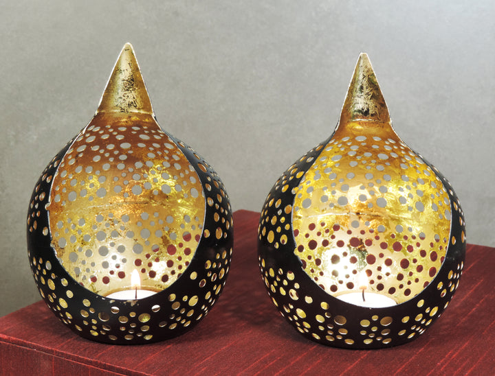 Noor Collection - Set of 2 Votives with a decorative trays - Black & Gold