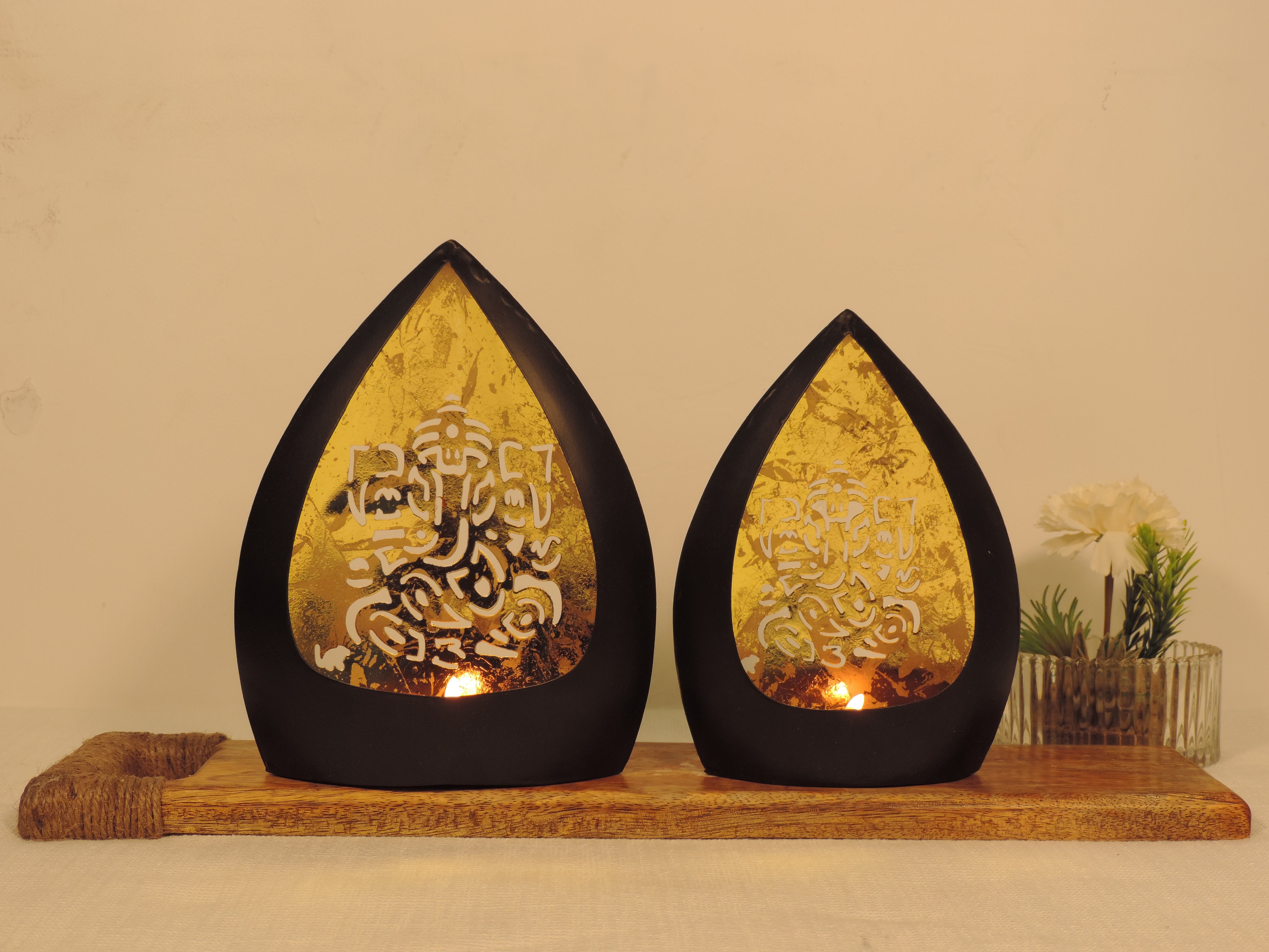 Chiragh Collection - Ganesh Set of 2 Votives with tea light - Black & Gold