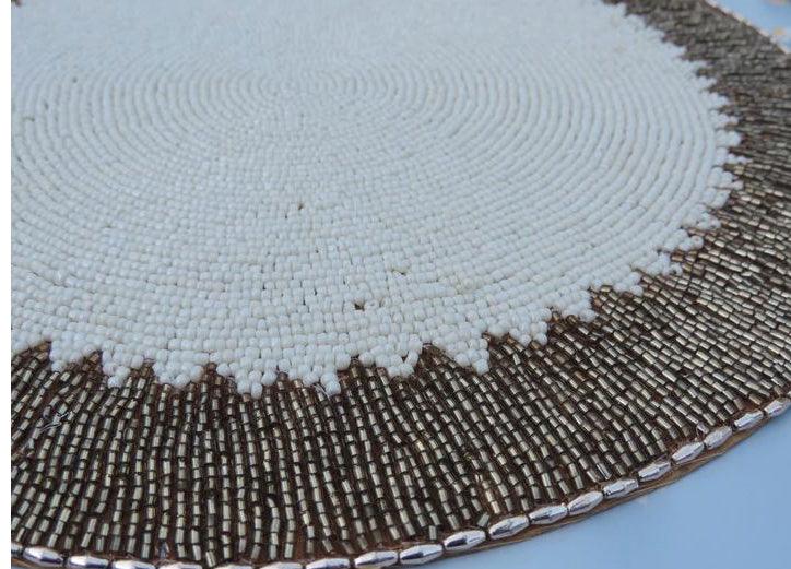 Glass Bead Embroidered Placemats, Chargers / Set of 2 / 15in. Round / Cream & Gold - trunkin.in