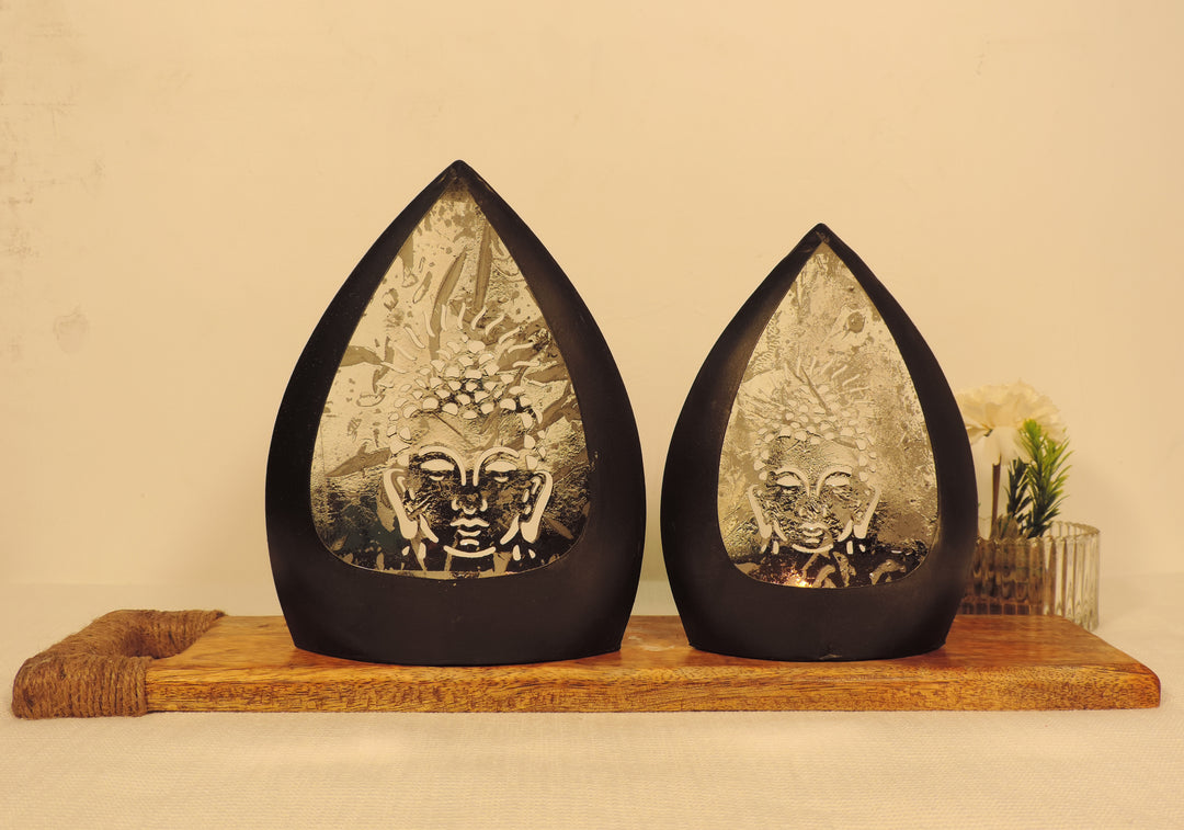 Chiragh Collection - Buddha Set of 2 Votives with tea light - Black & Silver