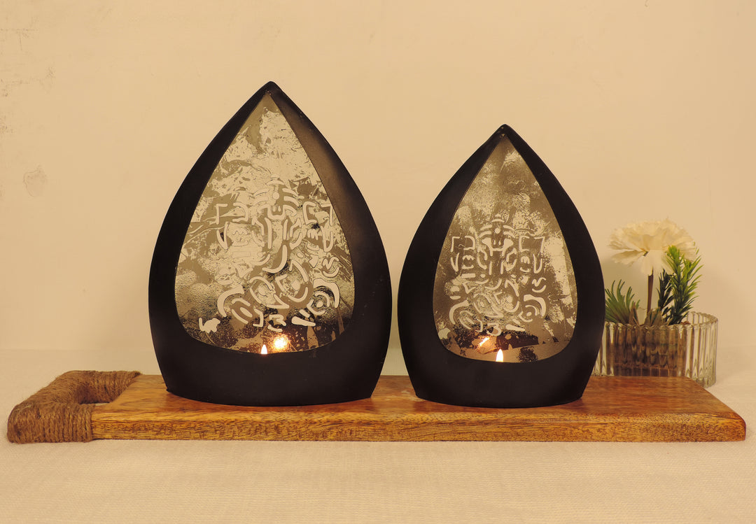 Chiragh Collection - Ganesh Set of 2 Votives with tea light - Black & Silver