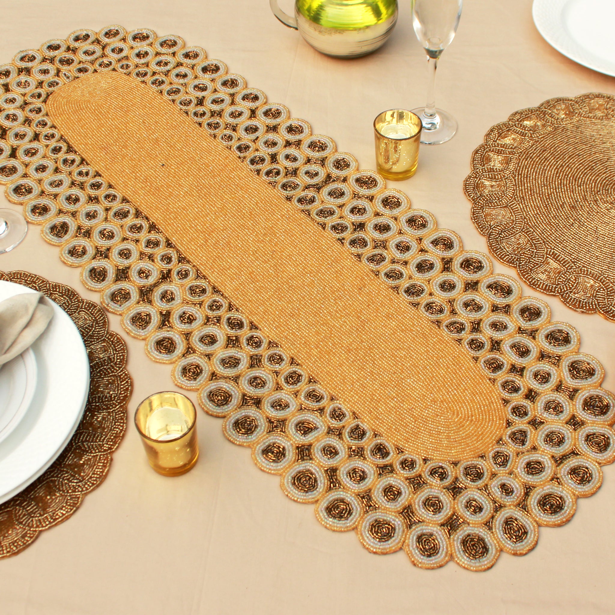 Gold Glass Bead Embroidered Table Runner