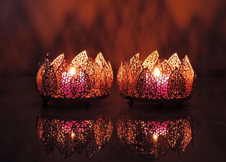 Toshakhana Collection - Set of 2 Votives with tea light holder in a Decorative Tray- Gold