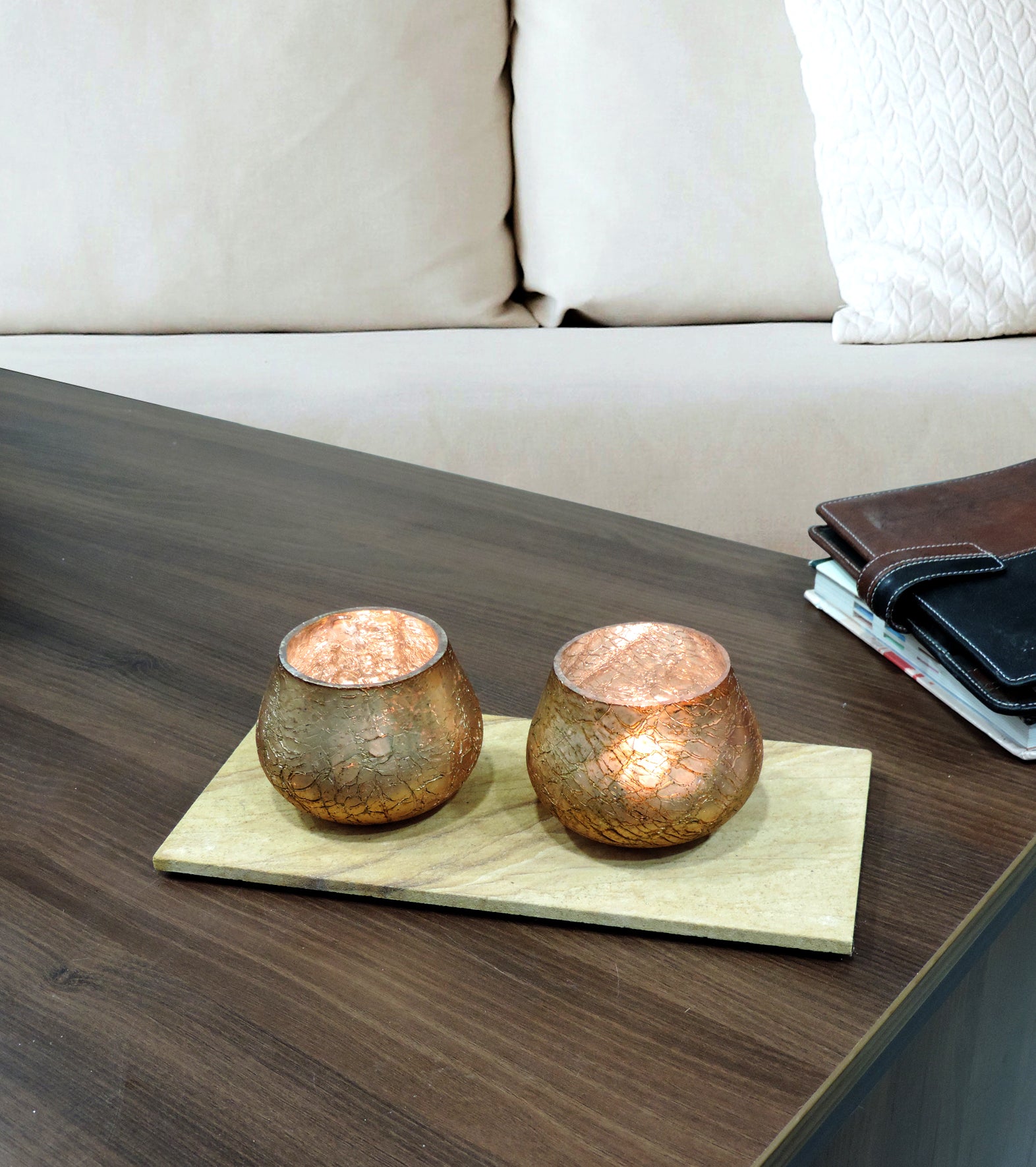 Ainaa Collection - Set of 2 Glass Votive with a Decorative tray -  Copper