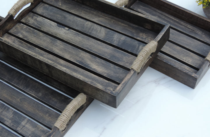 Wooden Serving Trays, Charcoal, Set of 3 / 18"x12''x2.25"/ 15"x10"x2.25"/ 12"x8"x2.25"