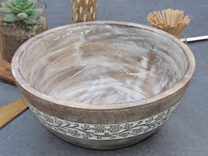 Rustic Salad Bowl Flower with White wash- 11.5"x5" Inch
