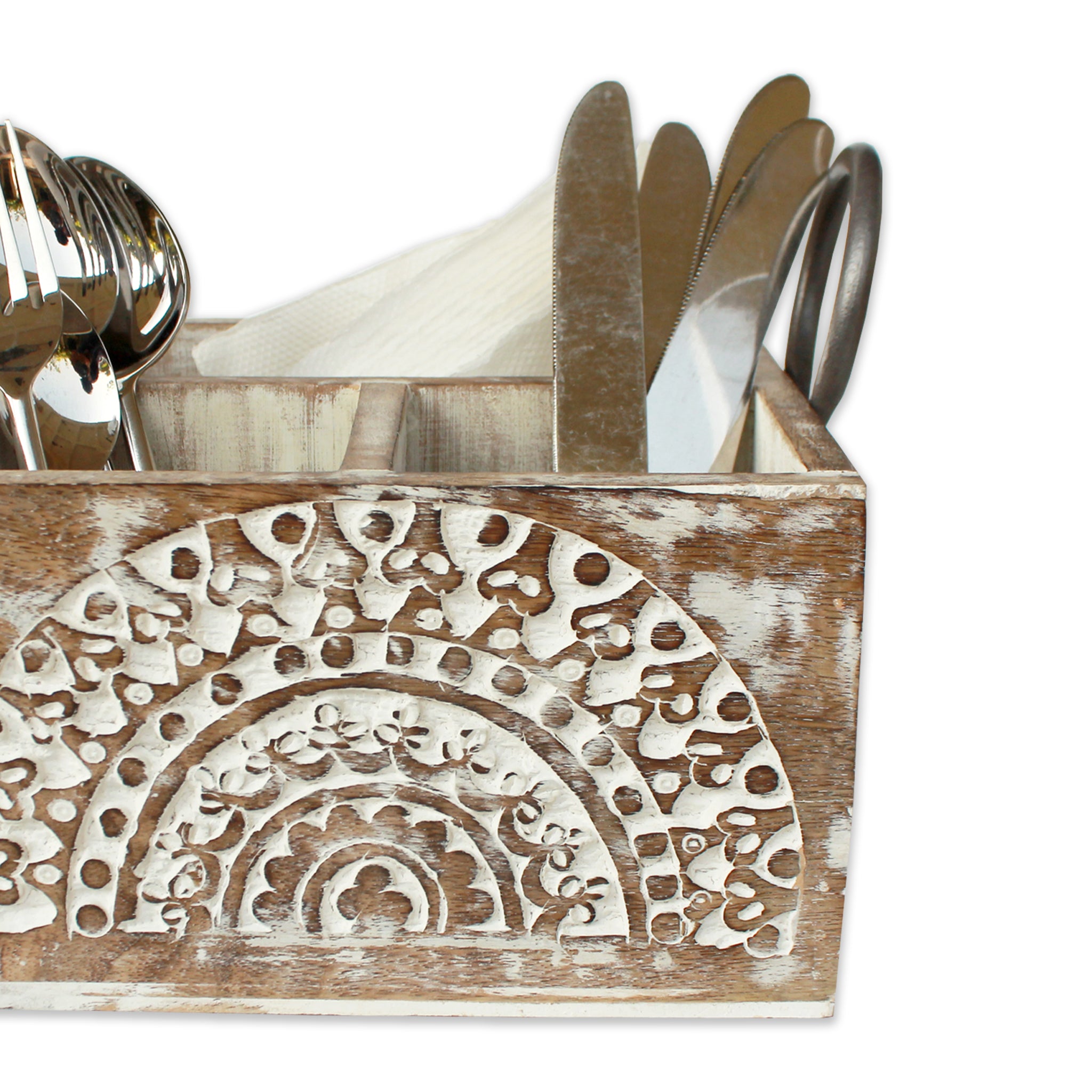 Trunkin' Wooden Sculpted Cutlery Holder / White Wash / 8"*8"*5"