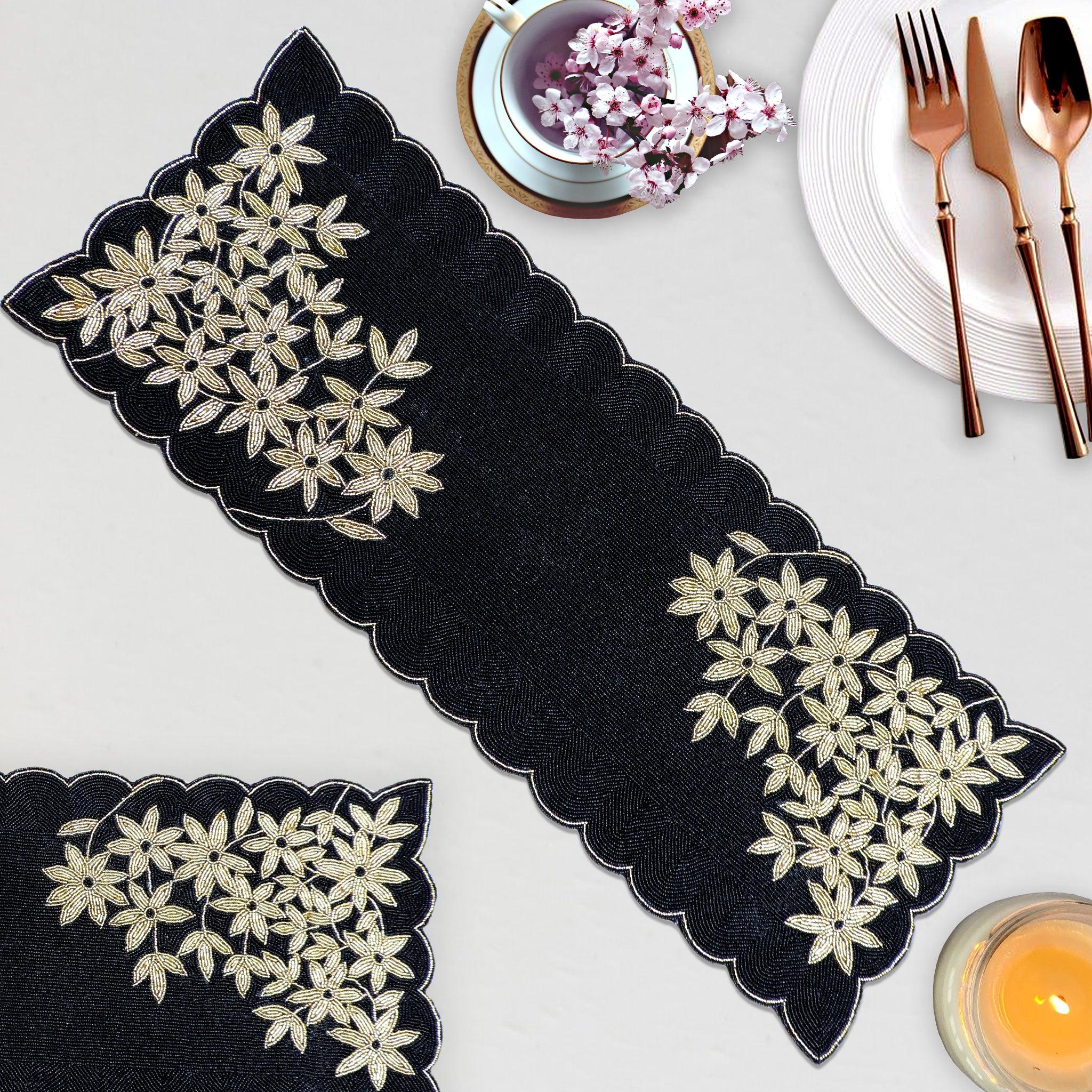 Black & Gold Embroidered Table Runner - 91*33 cm - trunkin.in