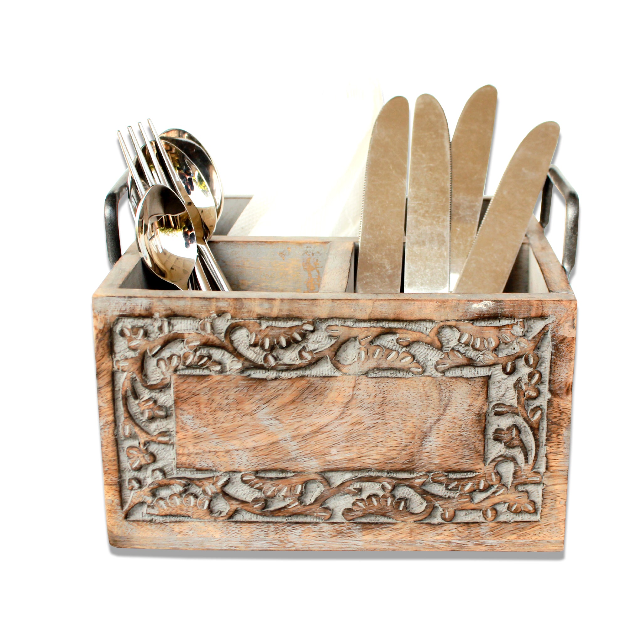 Wooden Cutlery Holder / Grey wash / 20*20*13 cm
