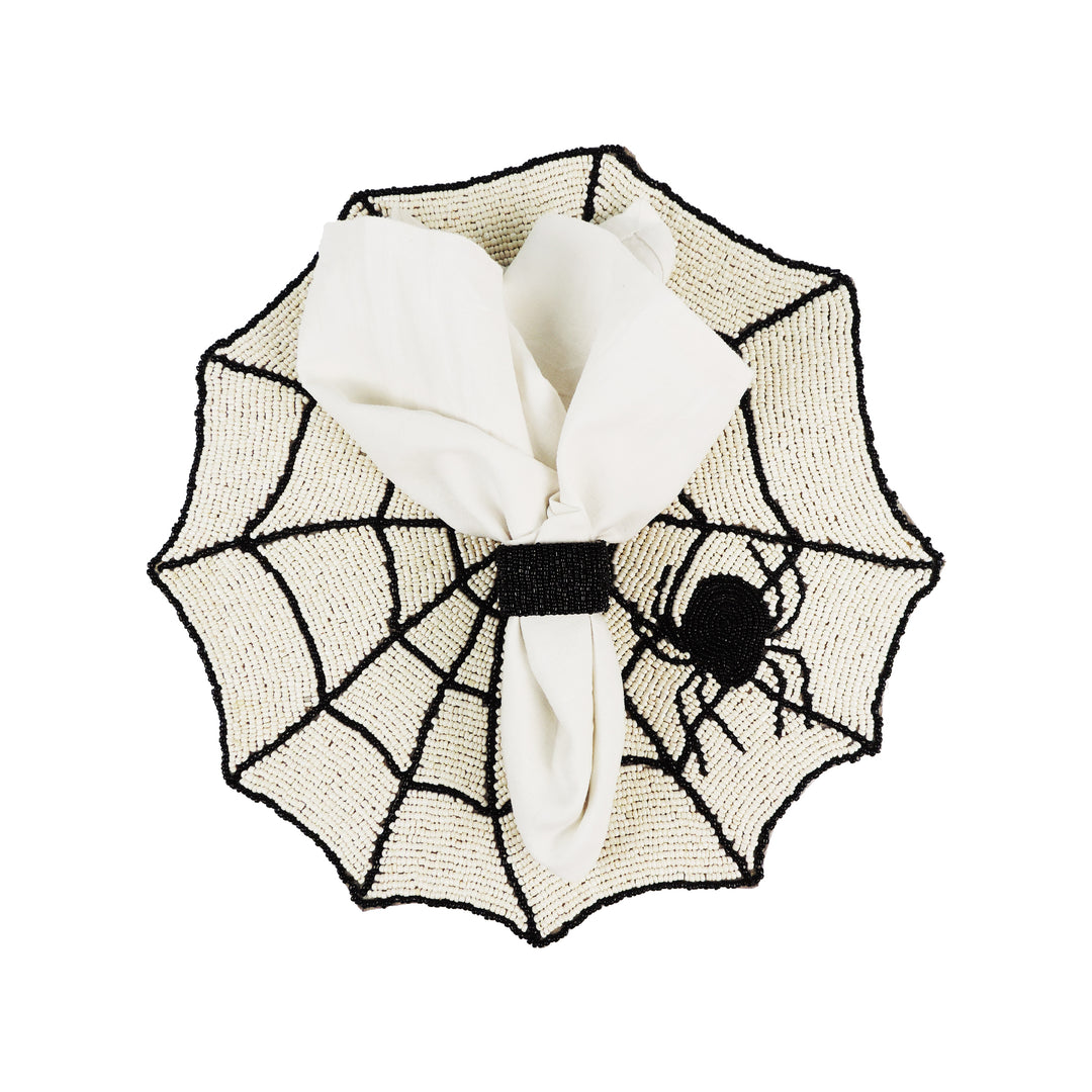Halloween Spiderweb Bead Embroidered Placemat/ 14" / Set of 2 / Cream & Black