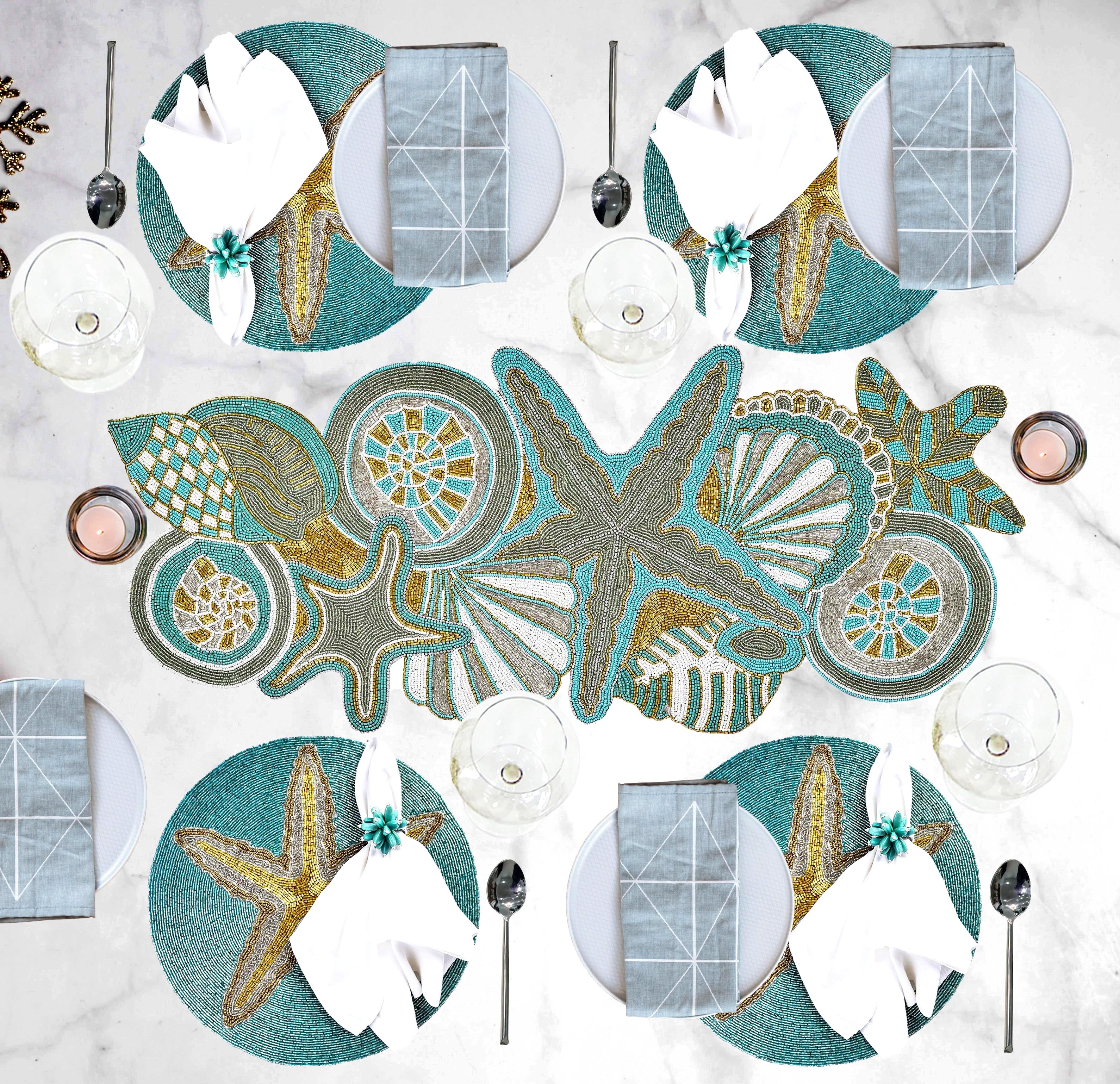 The 'Teal Envy' Place Setting for 4 - Placemats, Chargers, Napkin Rings & Table Runner
