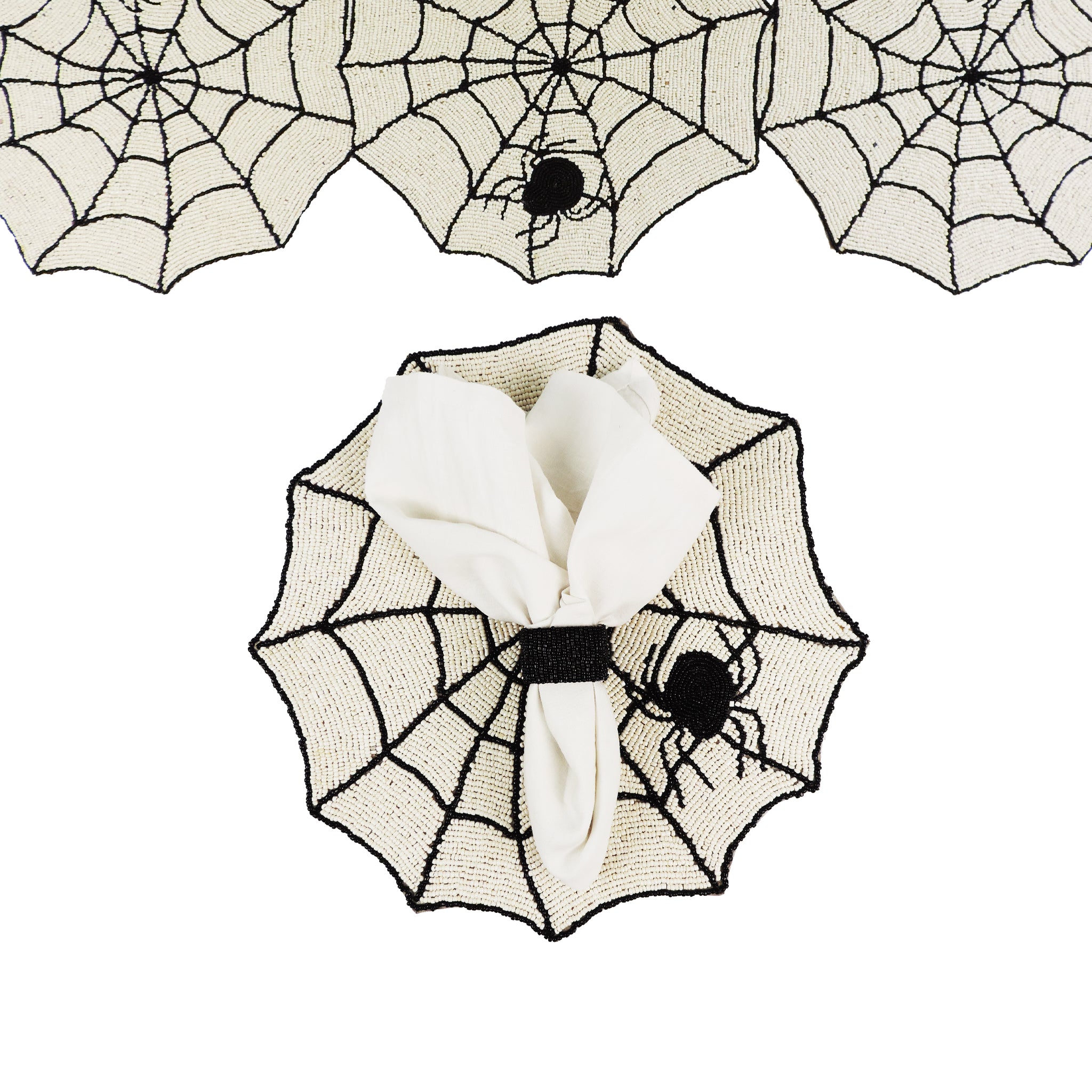 Halloween Spiderweb Bead Embroidered Placemat/ 14" / Set of 2 / Cream & Black