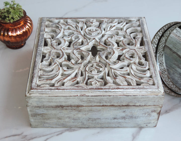 Wooden Jewellery Box with Carving - 25*25*10 CM