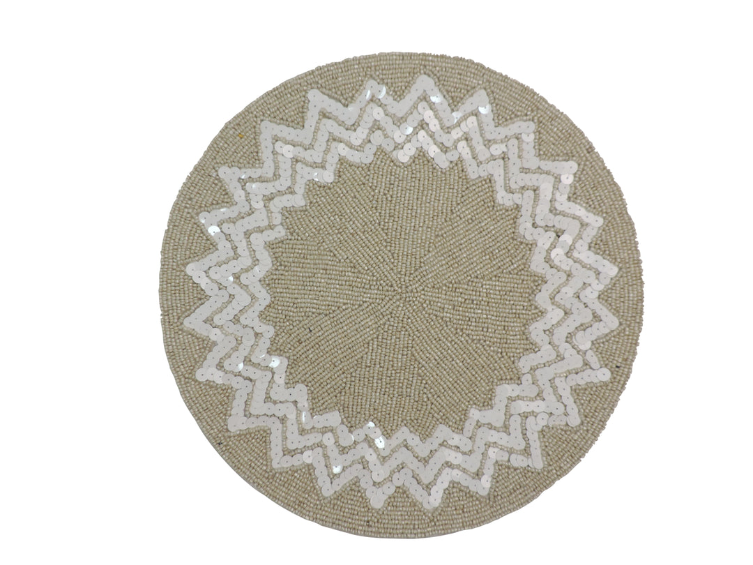 Glass Bead Embroidered Placemats, Chargers / Set of 2 / 14in. Round / Cream & Gold