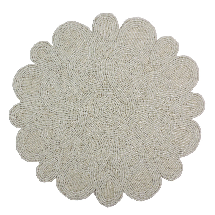Glass Bead Flower Embroidered Placemats, Chargers / Set of 2 / 14in. Round / Cream