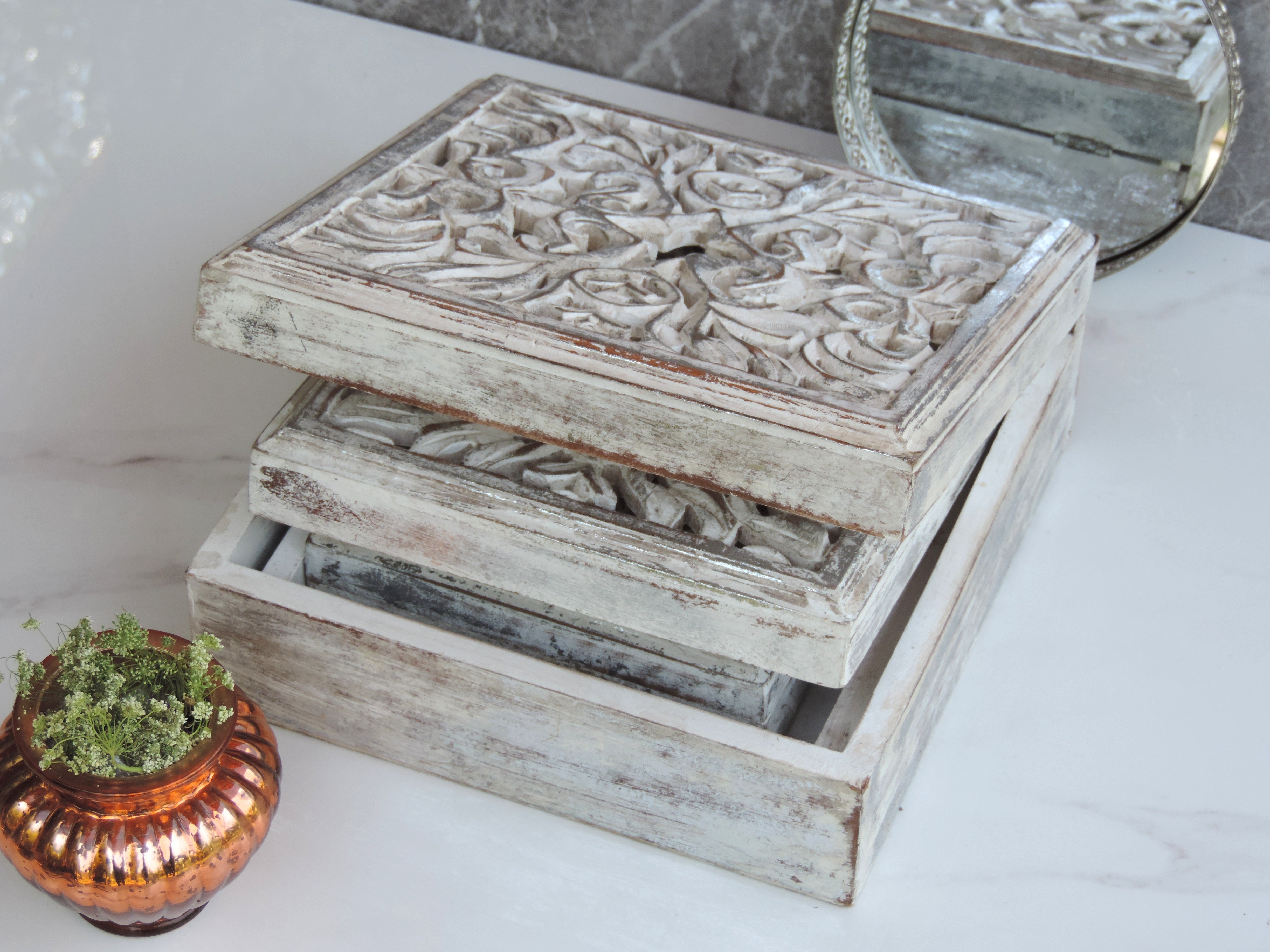 Wooden Jewellery Box with Carving - Set of 3- 18*18*7/22*22*7 CM/25*25*10 CM