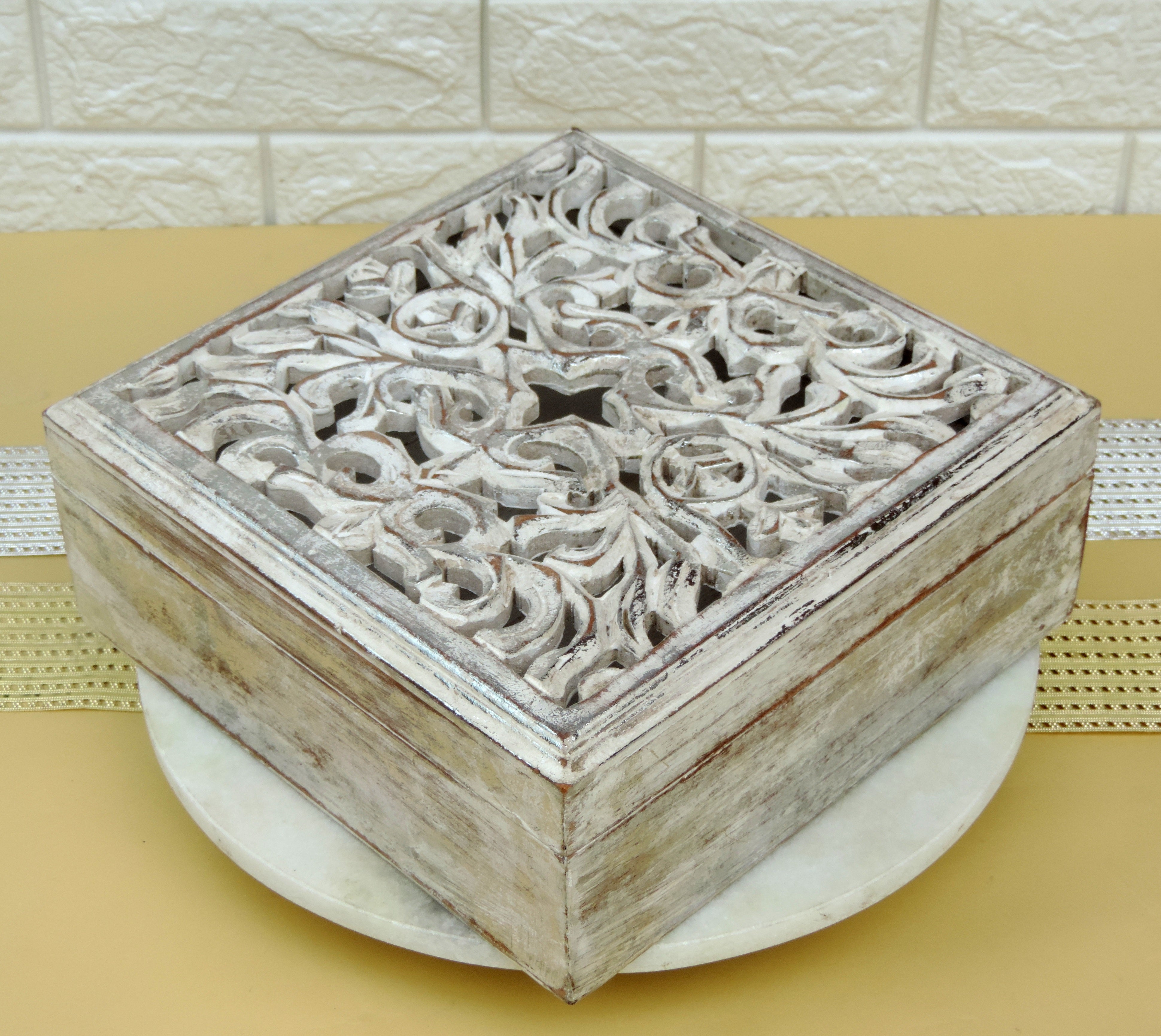 Wooden Jewellery Box with Carving - 25*25*10 CM