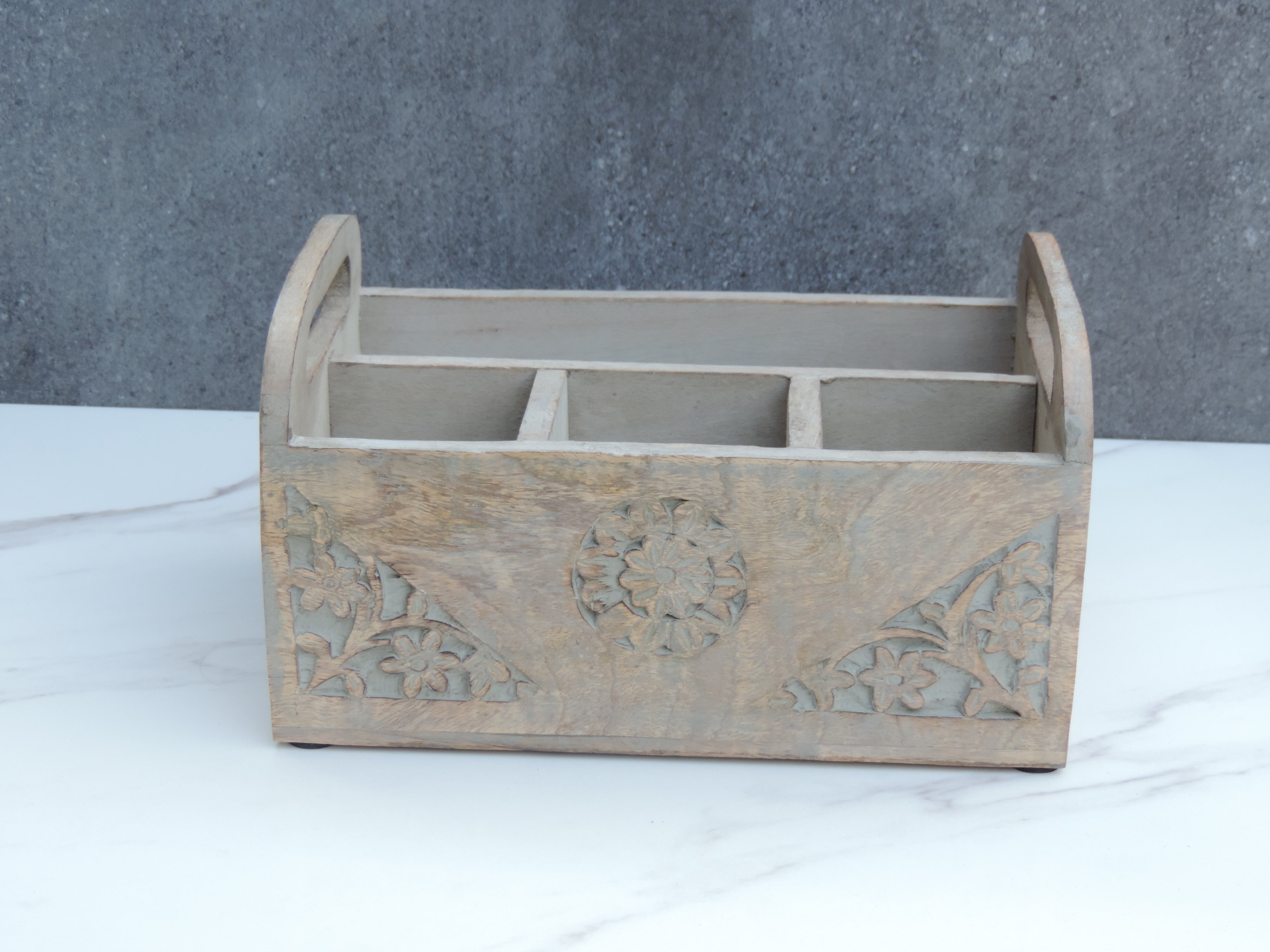 Wooden Carved 4 compartment Cutlery Holder - 38*18*12 cm