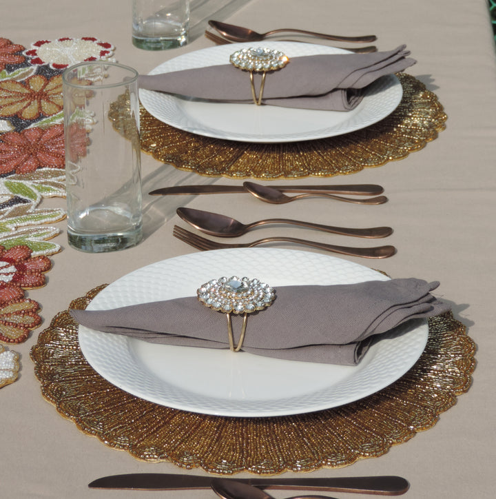 Scalloped Embroidered Placemat / 13.5" / Set of 2 / Gold