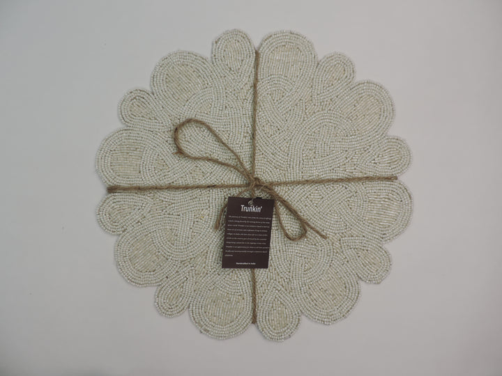Glass Bead Flower Embroidered Placemats, Chargers / Set of 2 / 14in. Round / Cream