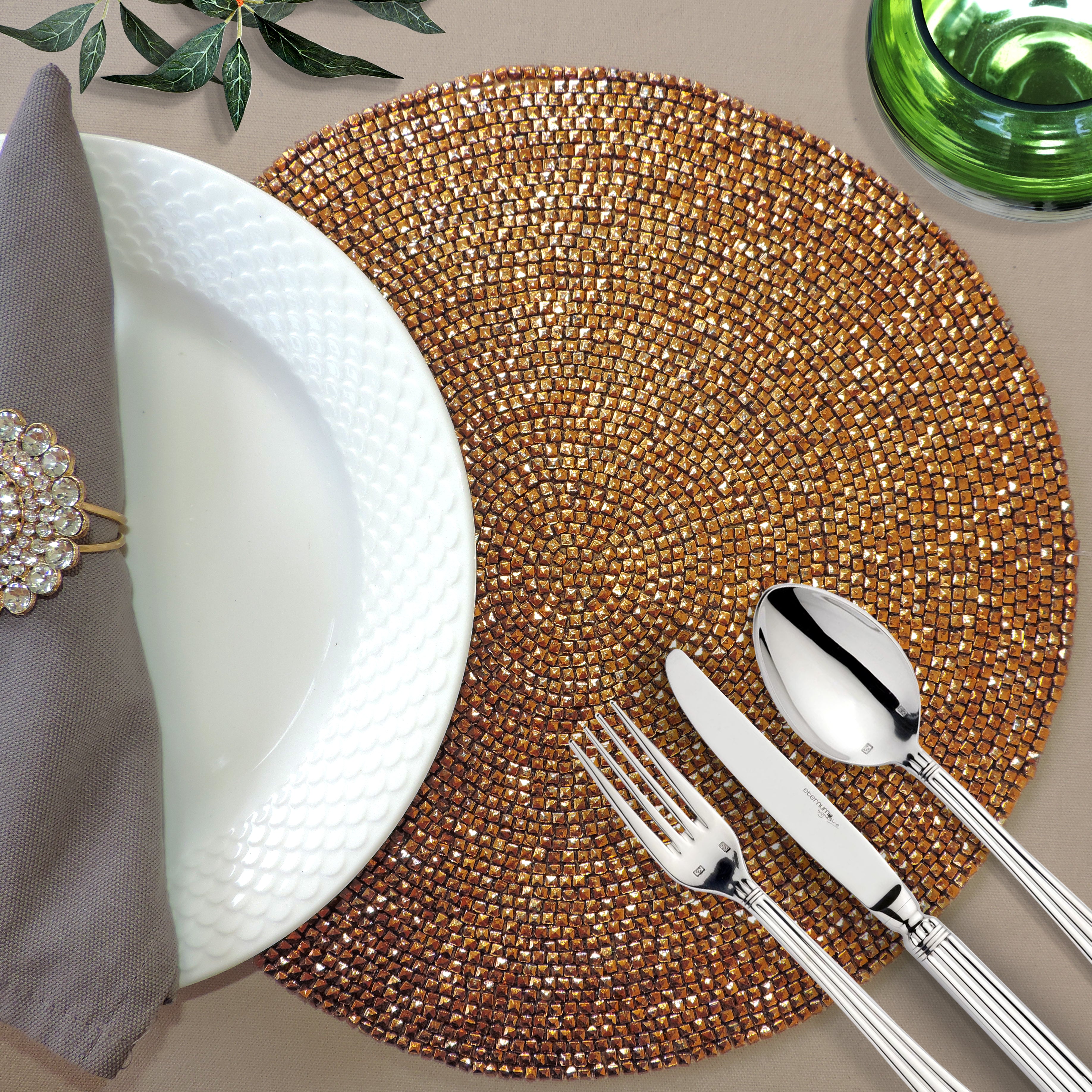 Jewel Toned Glass Bead Embroidered Placemats, Chargers / Set of 2 / 12in. Round / Antique Gold