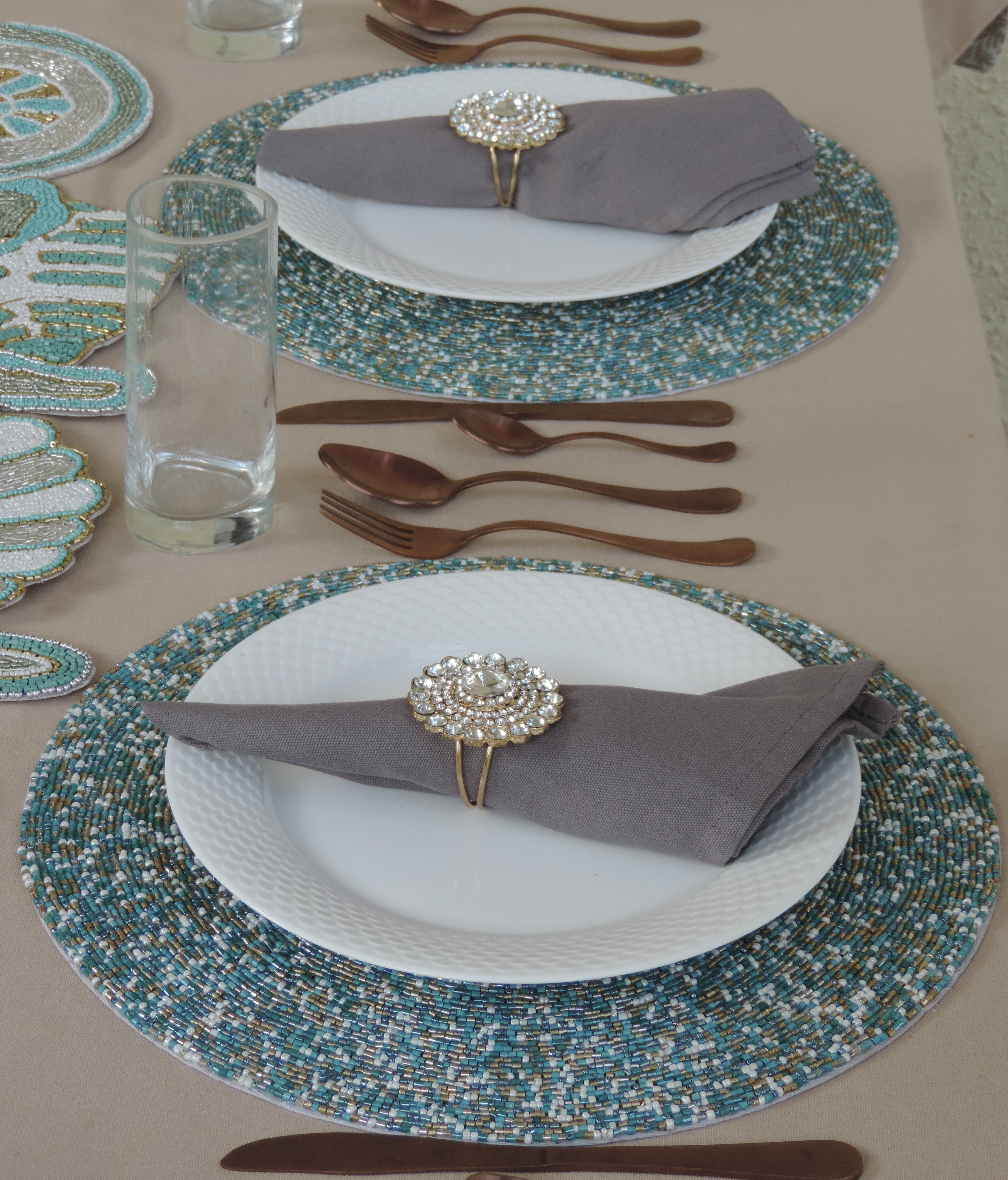 Embroidered Placemat / 15" / Set of 2 / Teal Silver
