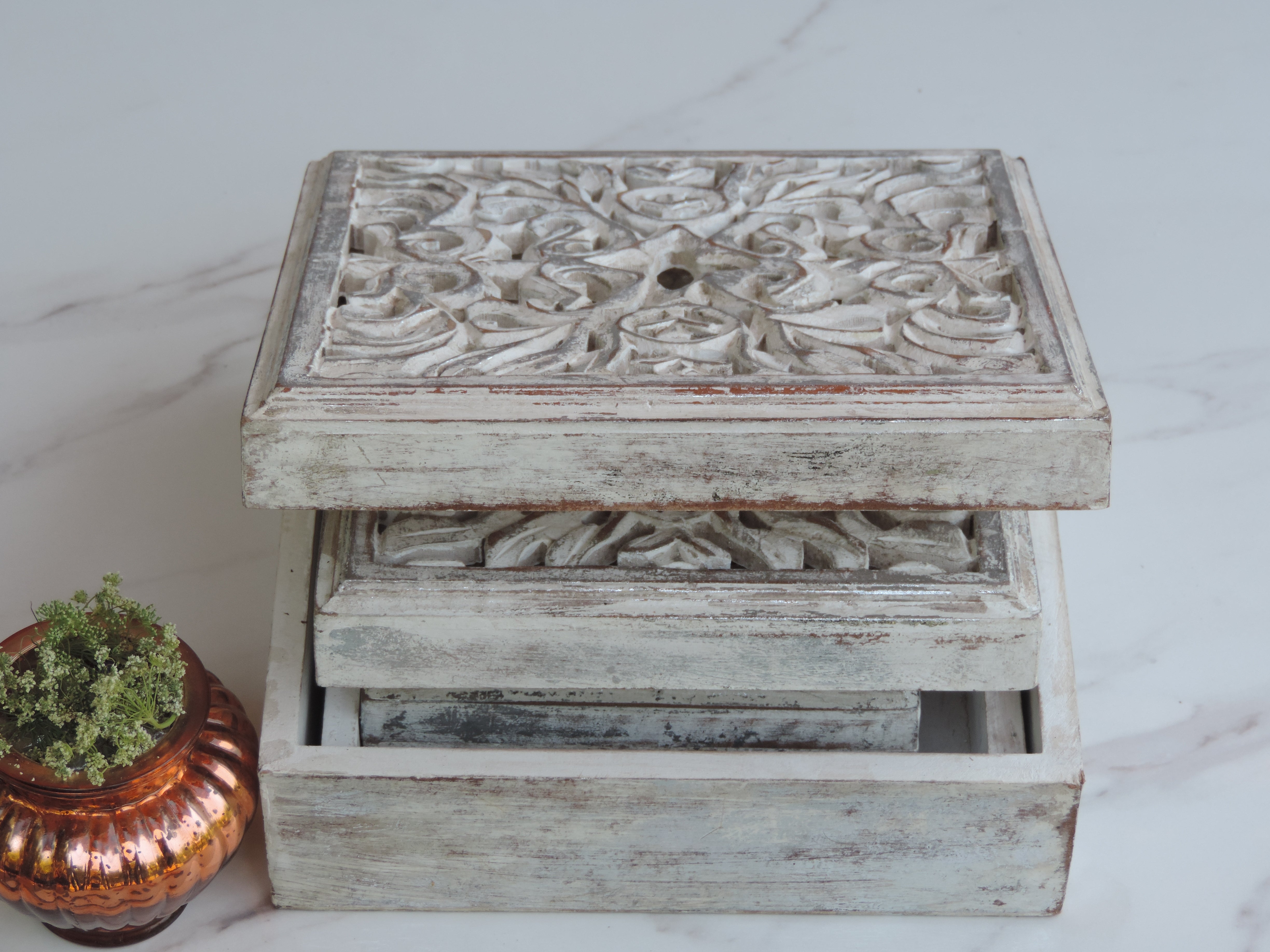 Wooden Jewellery Box with Carving - Set of 3- 18*18*7/22*22*7 CM/25*25*10 CM