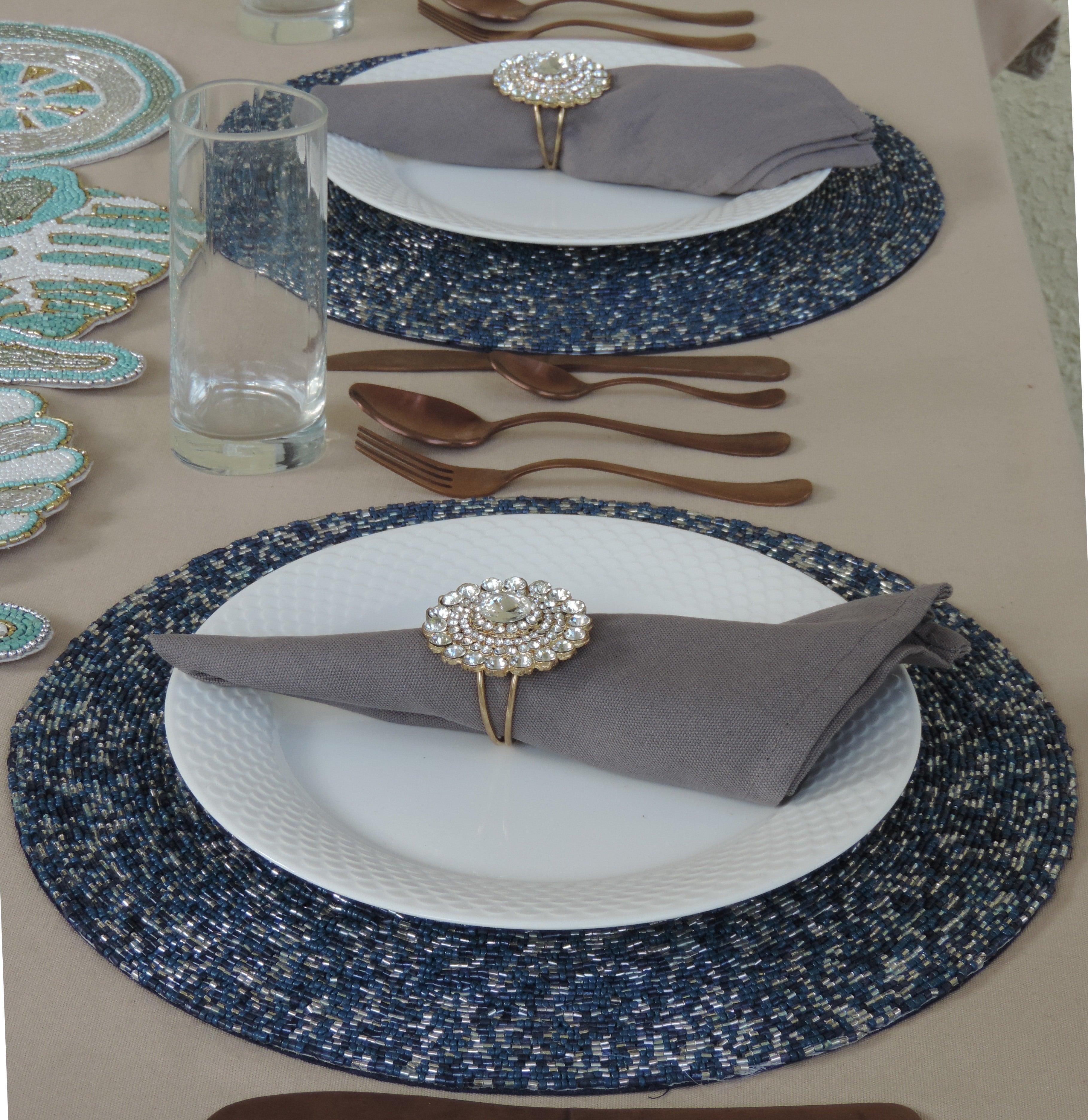 Embroidered Placemat / 15" / Set of 2 / Blue Silver