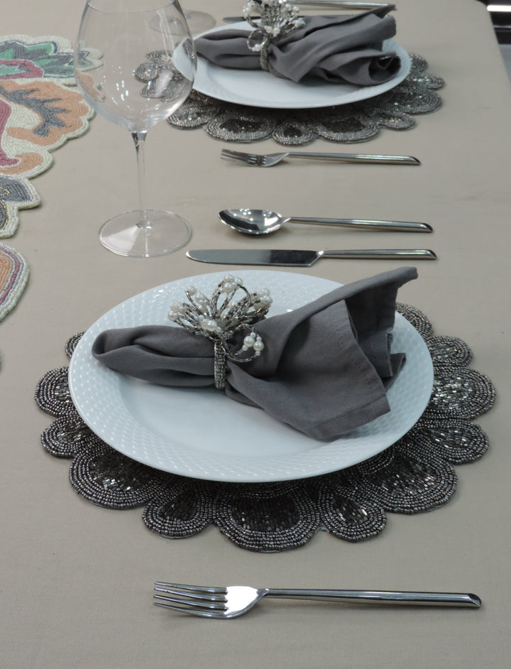 Glass Bead Flower Embroidered Placemats, Chargers / Set of 2 / 14in. Round / Smoke