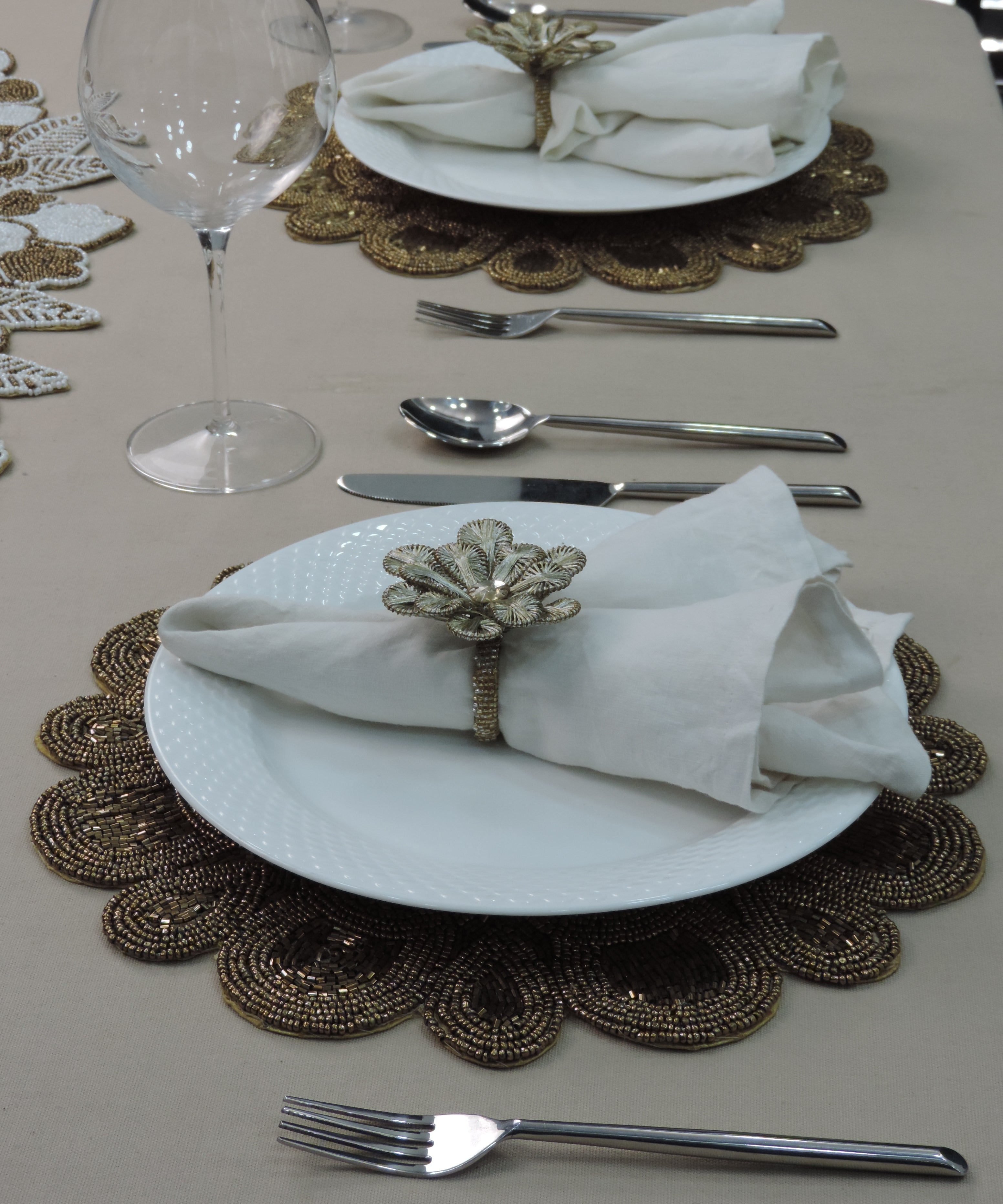 Glass Bead Flower Embroidered Placemats, Chargers / Set of 2 / 14in. Round / Antique Gold