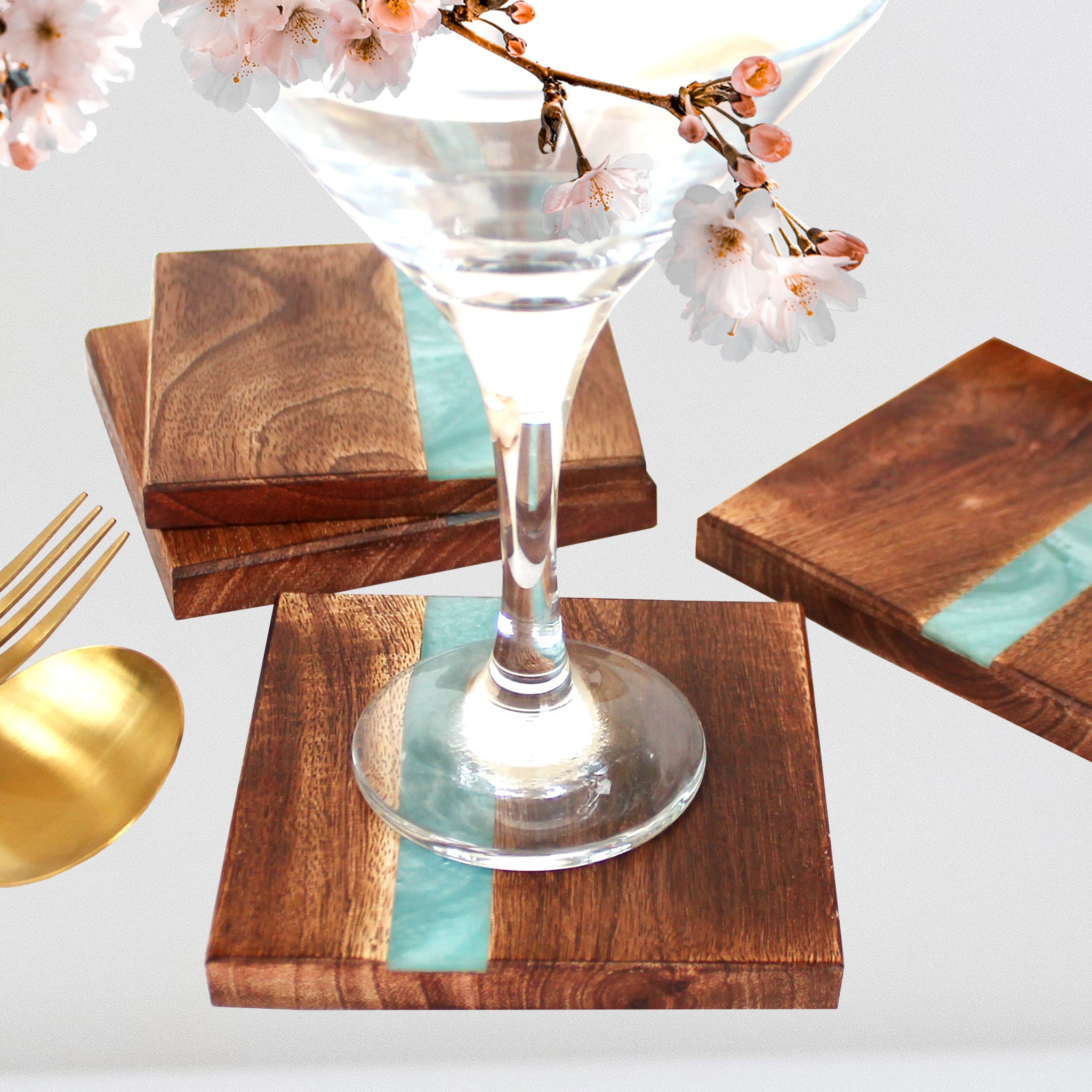Linen by Trunkin'/ Wood with resin Coaster Set of 4 / Aqua/ 4"