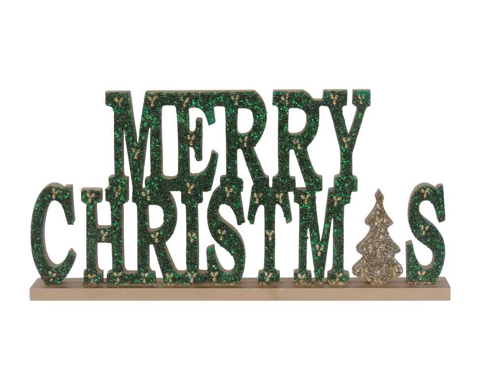 Merry Christmas Wood Sculpture/Green / 18.5"x6.2" / Set of 1 - trunkin.in