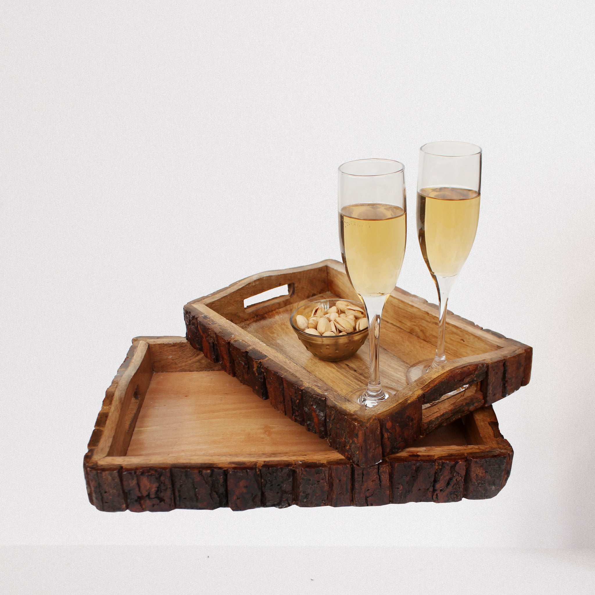 Wooden Serving Trays, Multipurpose Tray for Kitchen or Tea Table, Brown, Set of 2 // Small Size : 12.5"x8.5"x2" // Large Size : 15"x10.5"x2"