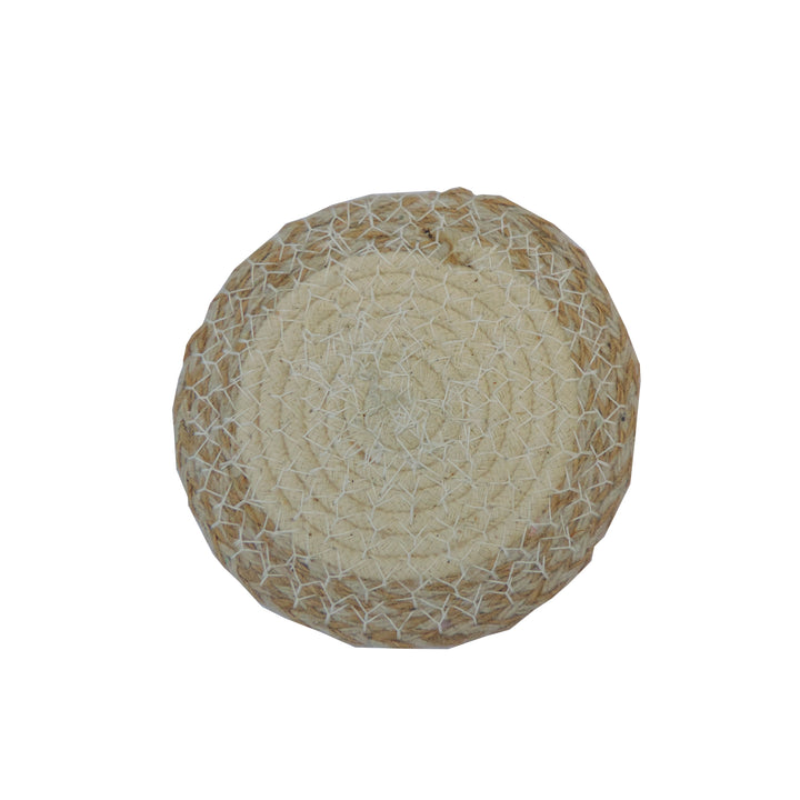 Cream & Natural Jute Coaster with Holder set of 6 - 4"