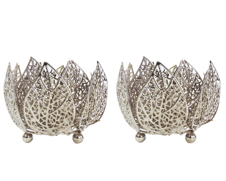 Toshakhana Collection - Set of 2 Votives with tea light holder in a Decorative Tray - Silver