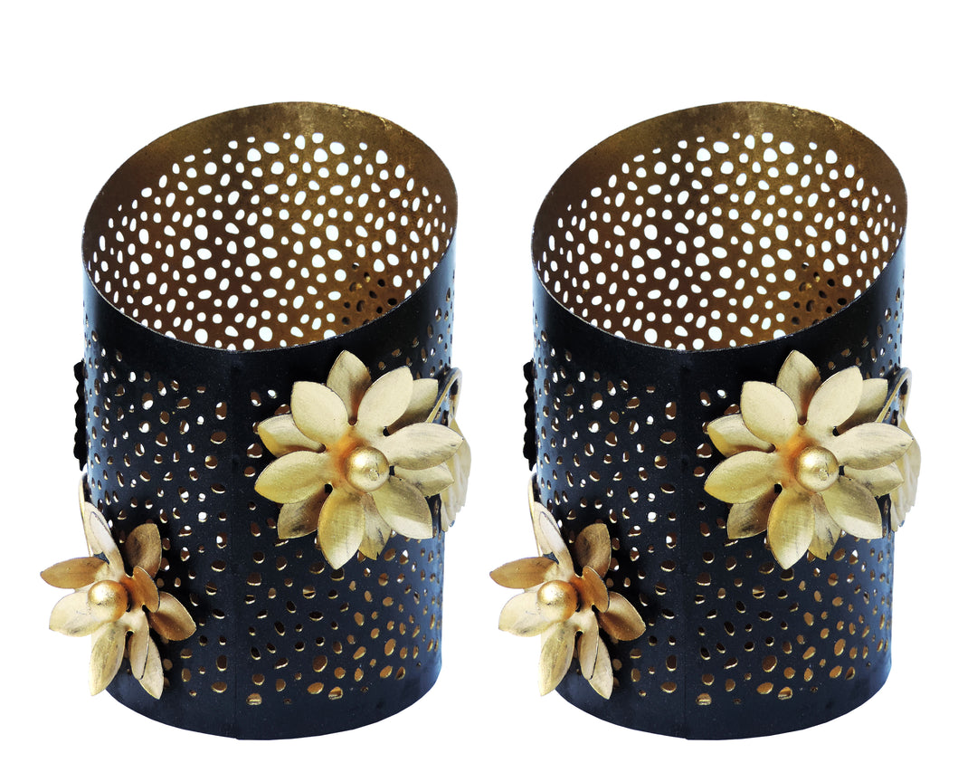 Noor Collection - Set of 2 Votives on a decorative trays - Black & Gold
