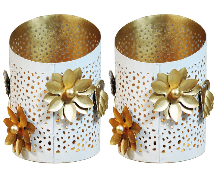 Noor Collection - Set of 2 Votives with a decorative trays - White & Gold