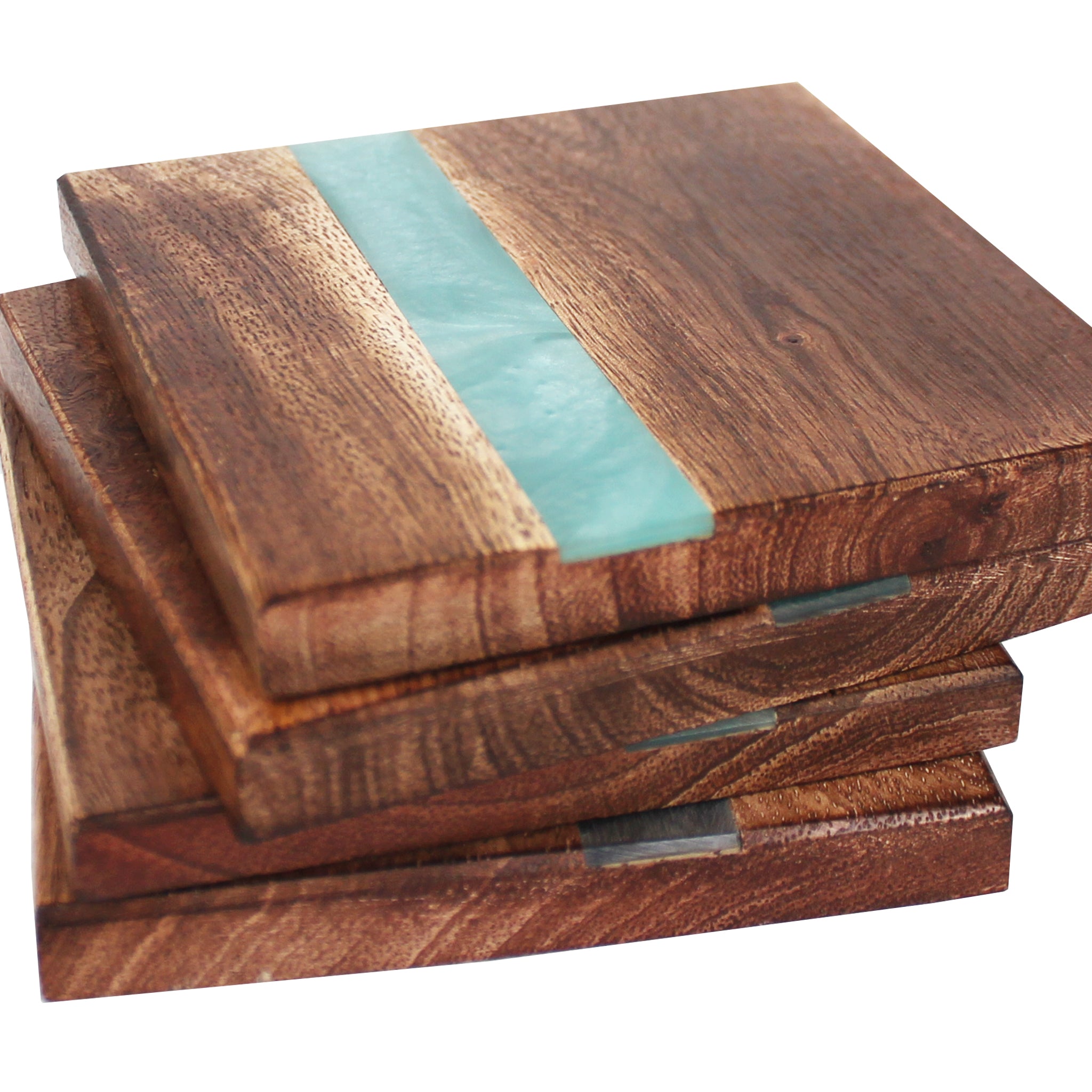 Linen by Trunkin'/ Wood with resin Coaster Set of 4 / Aqua/ 4"
