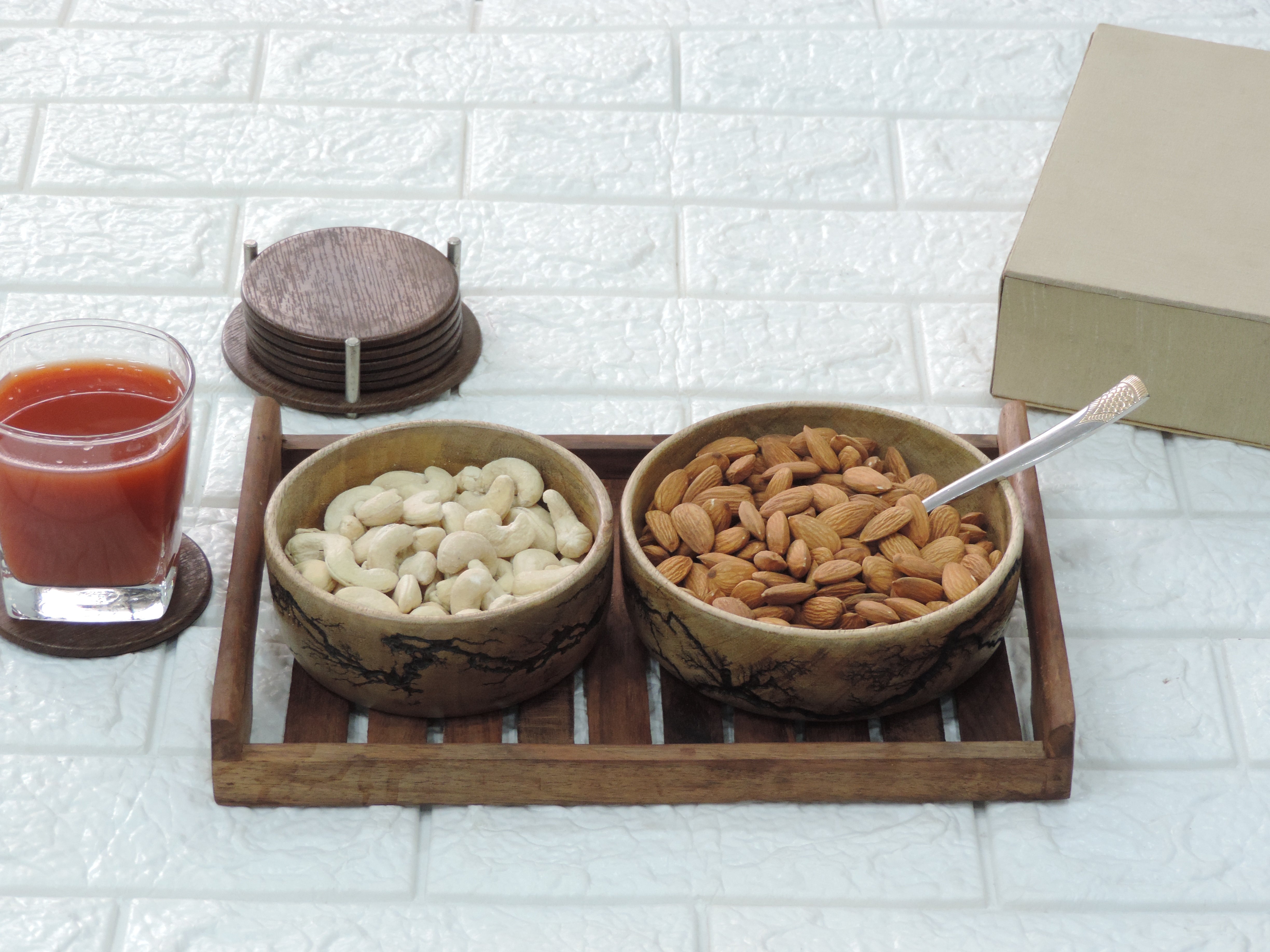 Wooden Natural Crackle Serving Bowls Set of 2 5"x2"/6"x2"