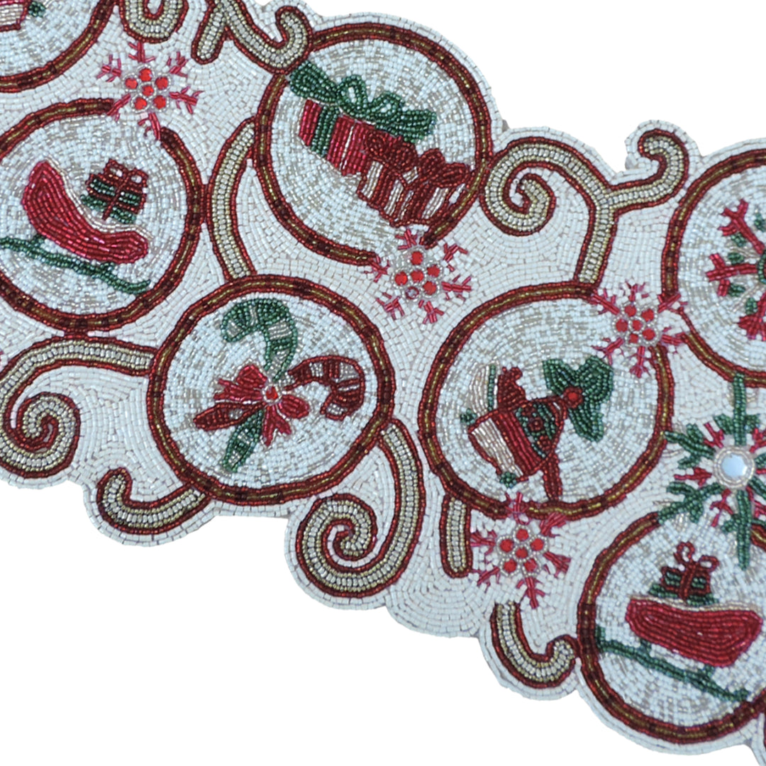 Red & Cream Glass Bead Embroidered Table Runner