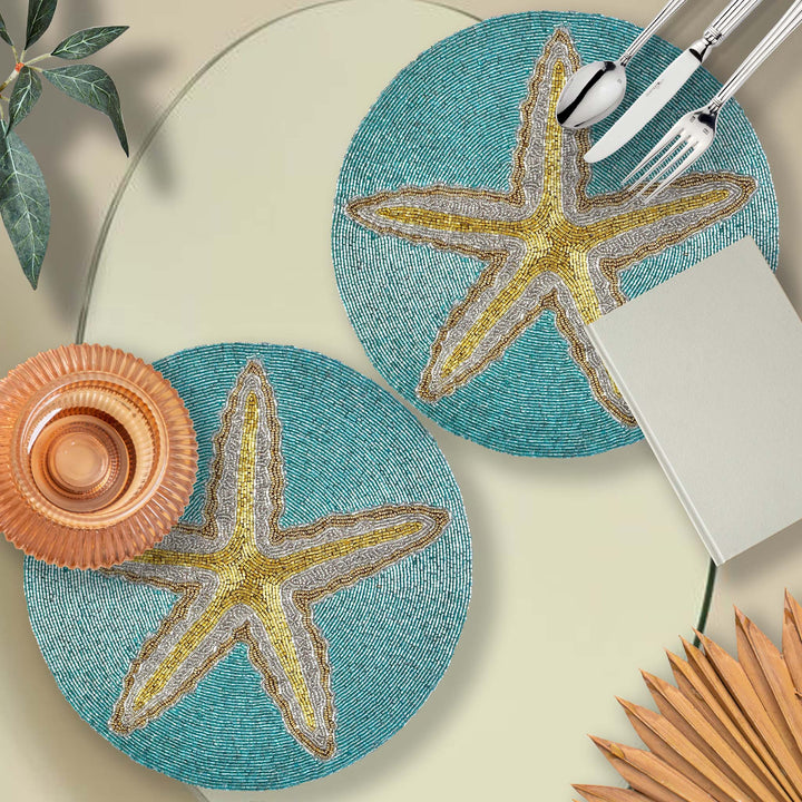 Ringo Star Fish Embroidered Placemat / 15" / Set of 2 / Teal Gold
