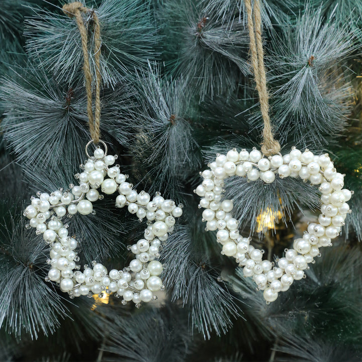 Soul Mates Beaded Holiday Heart & Star Hangings / Cream / 4" / Set of 2 - trunkin.in