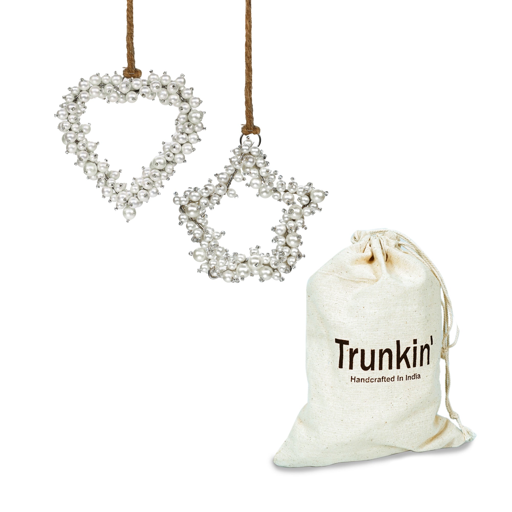 Soul Mates Beaded Holiday Heart & Star Hangings / Cream / 4" / Set of 2 - trunkin.in