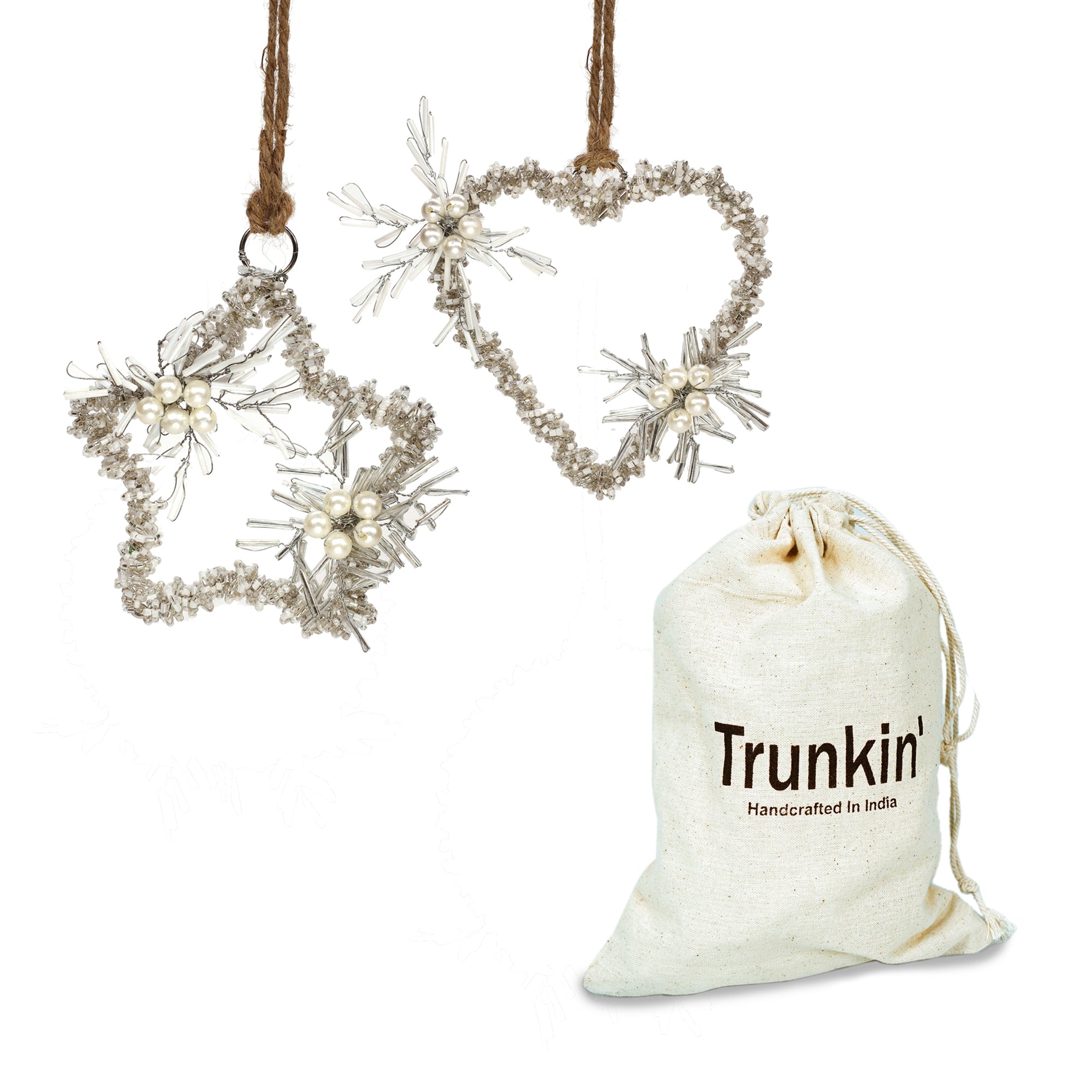 Soul Mates Beaded Holiday Heart & Star Hangings / Cream, Silver / 4" / Set of 2 - trunkin.in