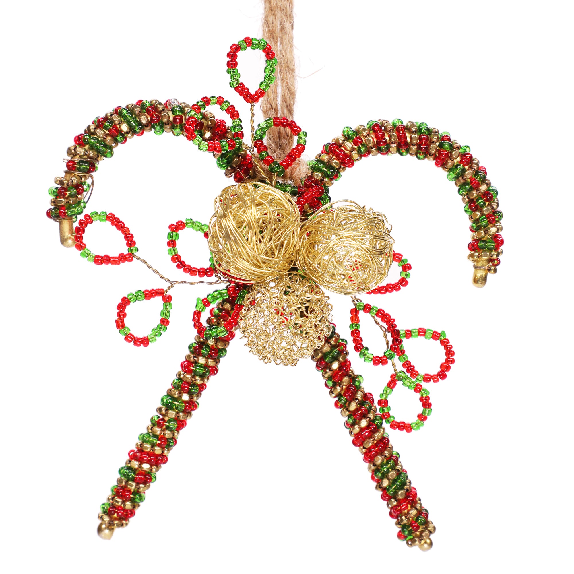 Soul Mates Beaded Holiday Candy Hangings / Red, Green & Gold/ 3.5"x4" / Set of 2