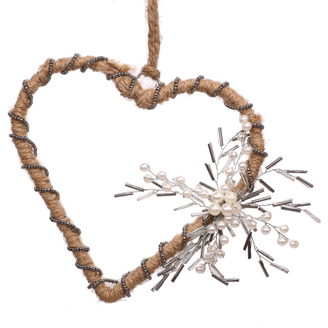 Back To Nature Wreath & Heart Hanging/ Natural, Silver & White/ 6"x6" / Set of 2